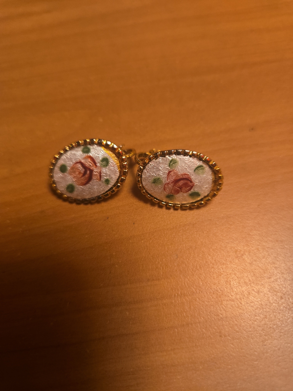 Gold-Tone Floral Enamel Oval Earrings- Pink Rose